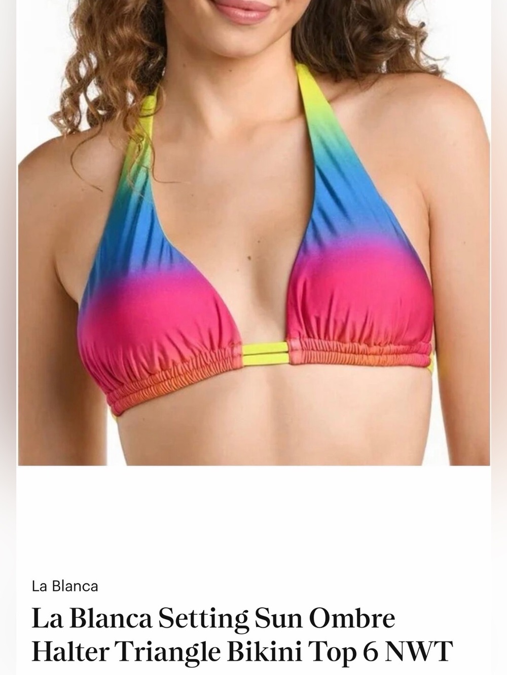 NWT La Blanca Setting Sun Ombre Halter Triangle Bikini Top, Size: 16, NWT